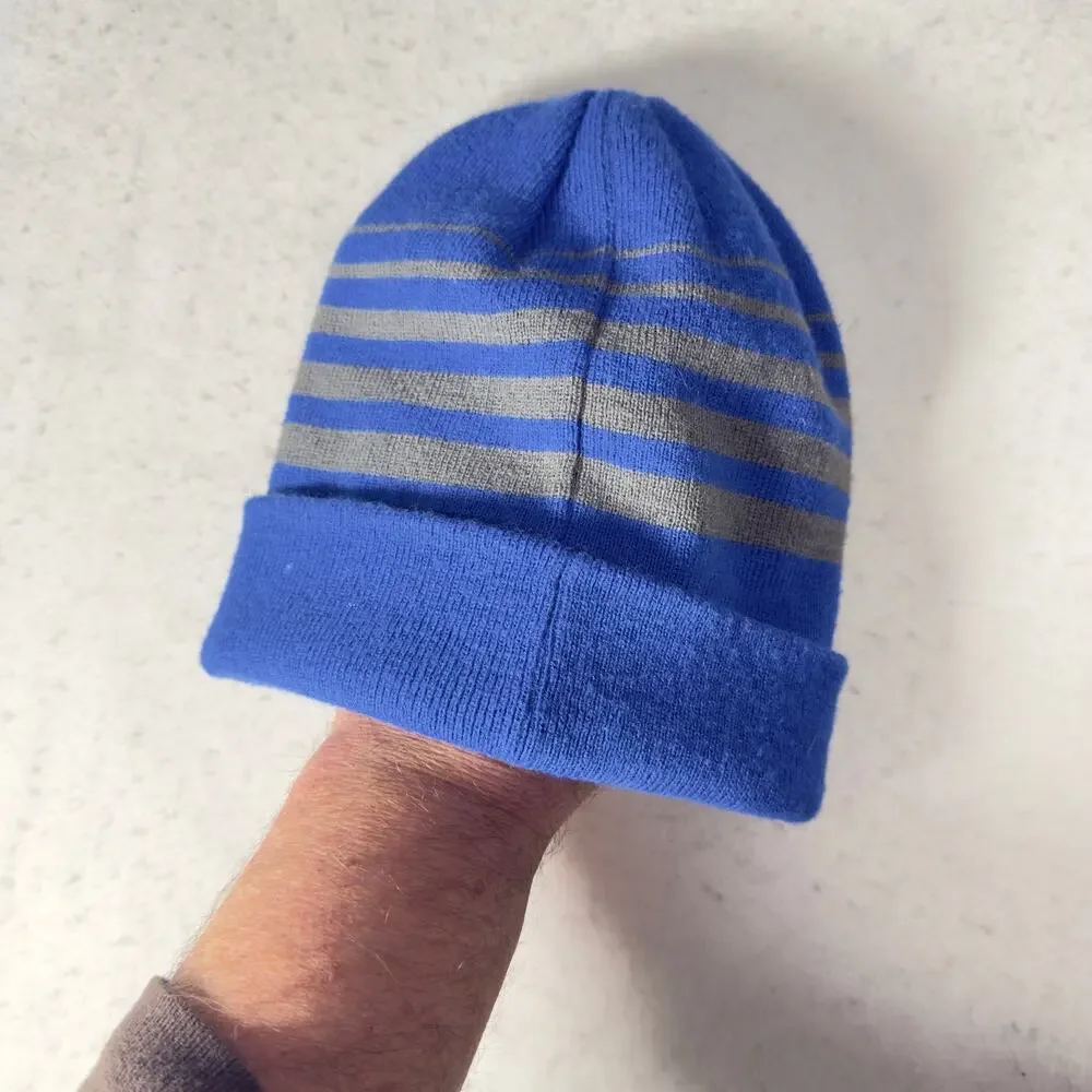 Nike Beanie Ski Hat Youth Blue Grey Stripe w/ Swoosh Logo Knit Cap Winter Cold